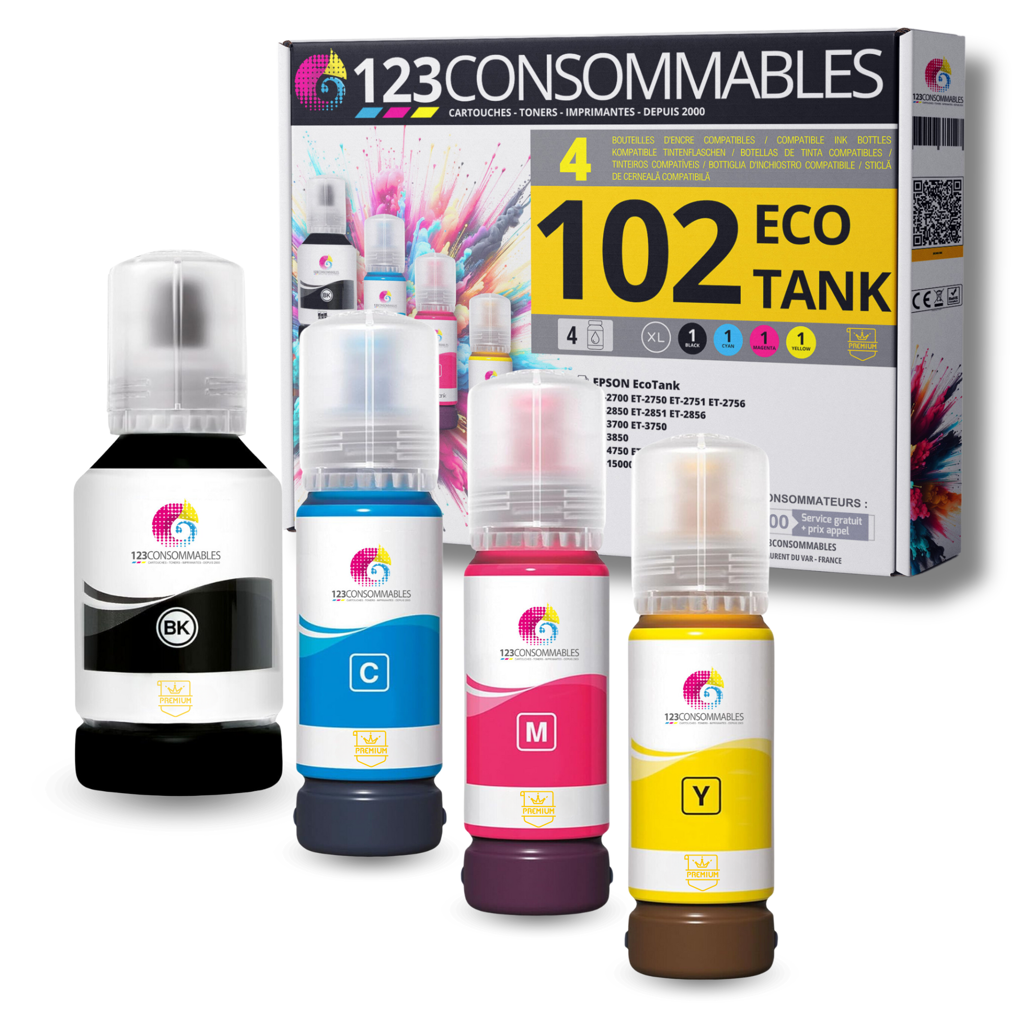 Pack compatible avec EPSON 102 ECOTANK, 4 bouteilles d'encre